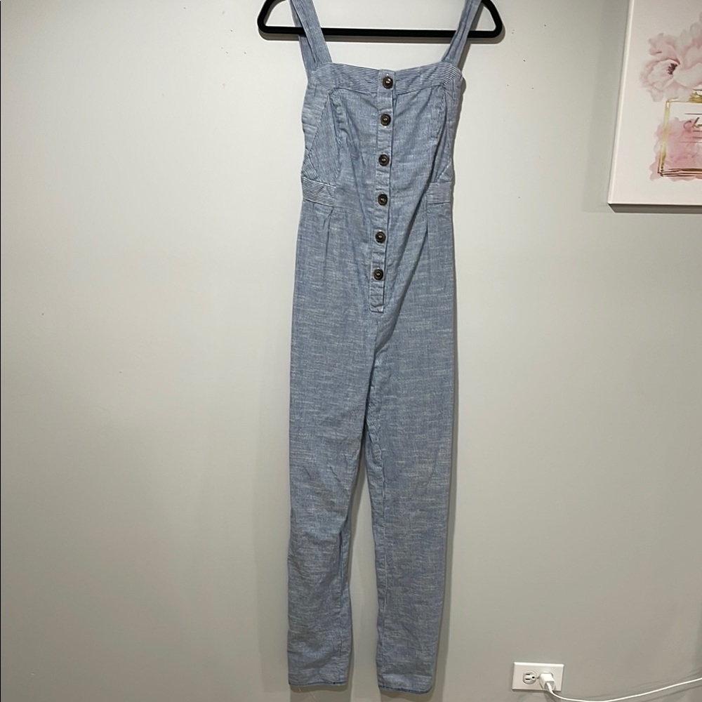 Japna linen Blue Button-Front Jumpsuit